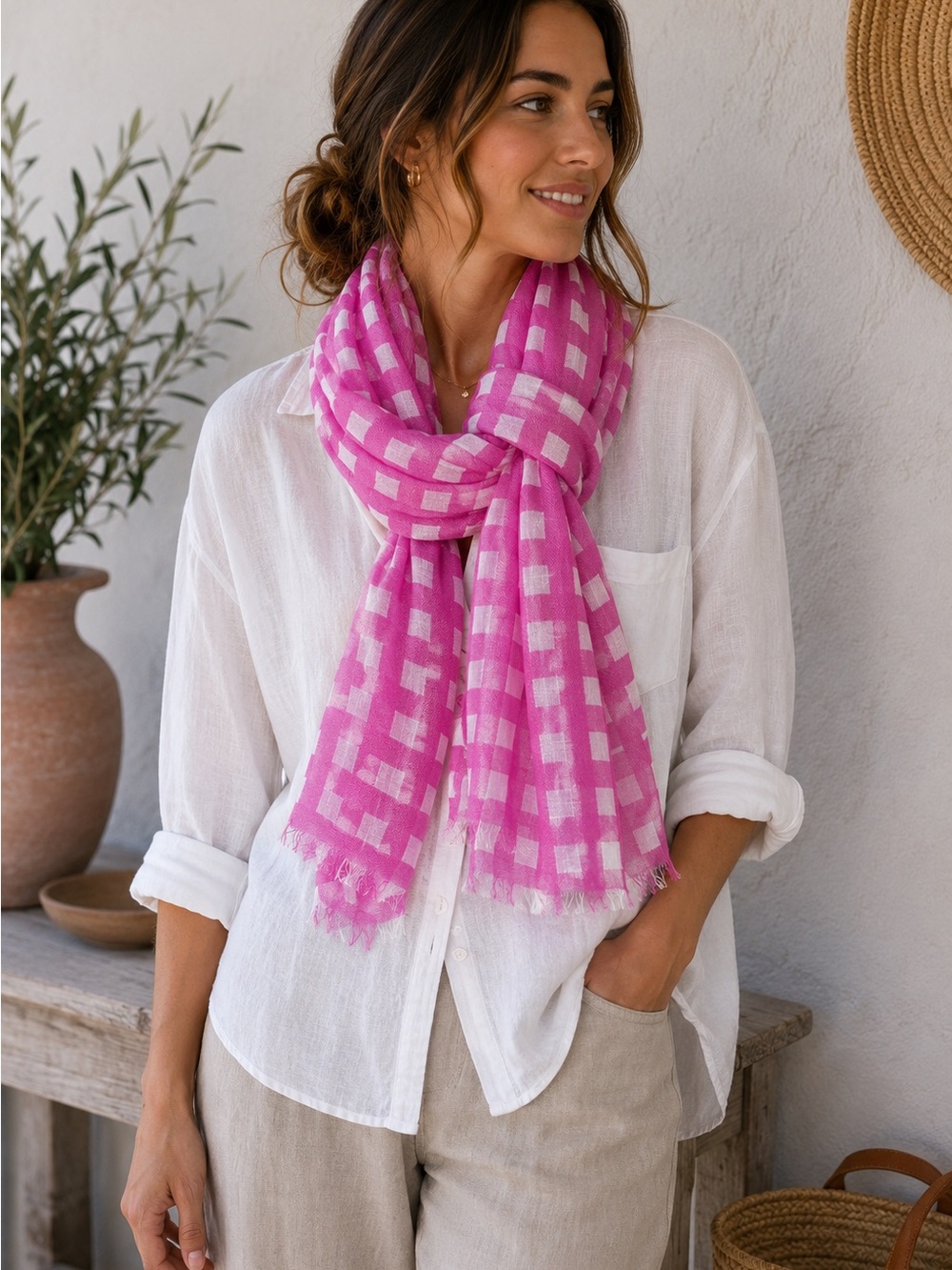 Donna Gorman Inc Linen Pink White Check Scarf Wrap Shawl Made in India